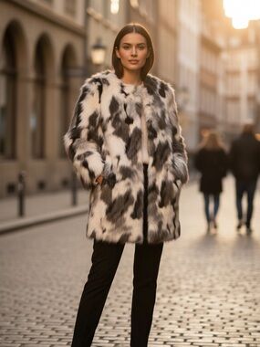 BEBE Black & White Faux Fur Cropped Sleeve Snap Button Mid Length Jacket Coat S